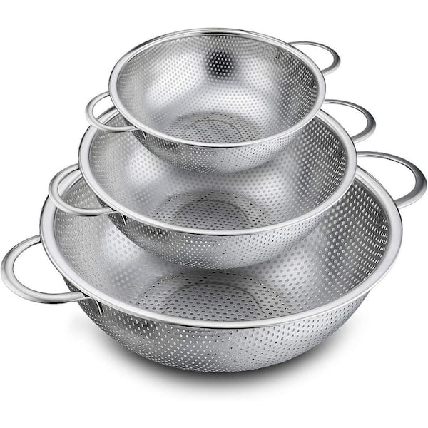 Colander Set of 3, Stainless Steel Micro-Perforated Colanders Strainers for Draining Rinsing Washing for Pasta Fruits