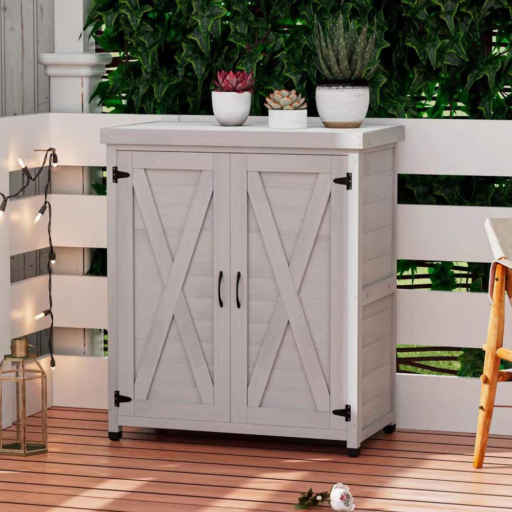 31 in. W Outdoor Wooden Potting Bench with Storage Cabinet and Metal Table 