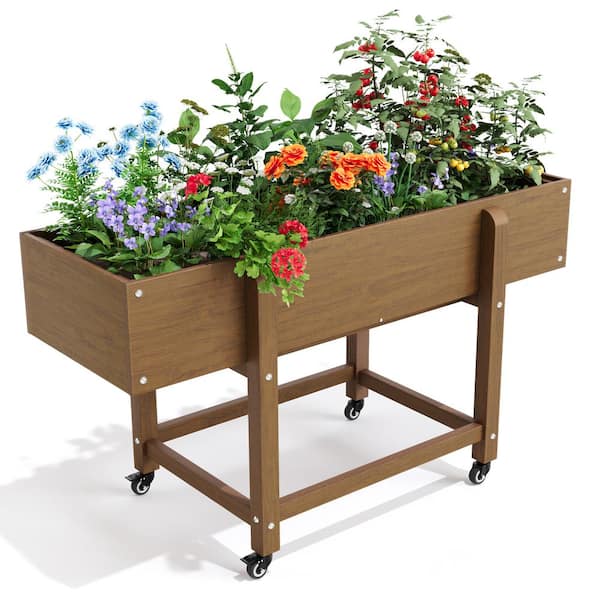LUE BONA 48 in. x 16.7 in. x 28 in. Teak Brown Plastic Raised Garden Bed with Lockable Wheels, Liner