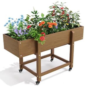 48 in. x 16.7 in. x 28 in. Teak Brown Plastic Raised Garden Bed with Lockable Wheels, Liner