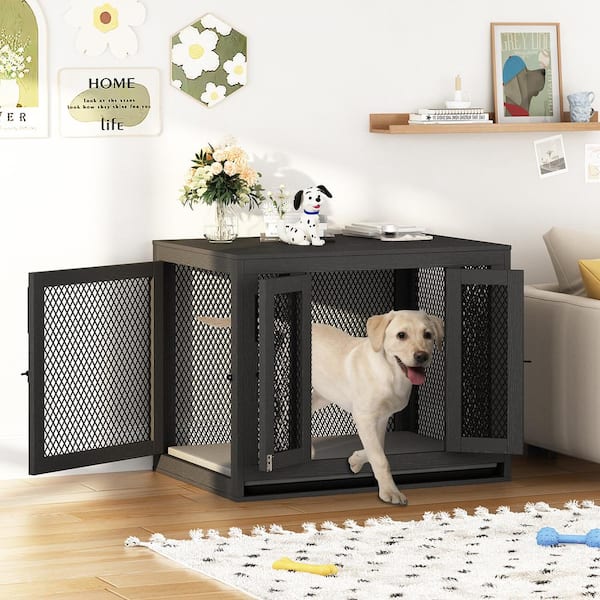 FUFU&GAGA Wooden Dog House Furniture Large Dog Kennel with Cushion Indoor Heavy-Duty Dog Cage for Large Medium Small Dogs in Black