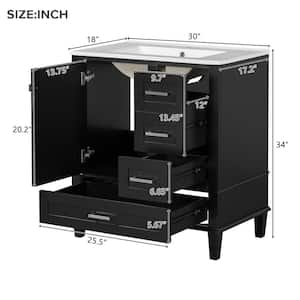 30 in. W x 18 in. D x 34 in. H Single Sink Bath Vanity in Black with White Ceramic Top, 3 Drawers, Soft Closing Door