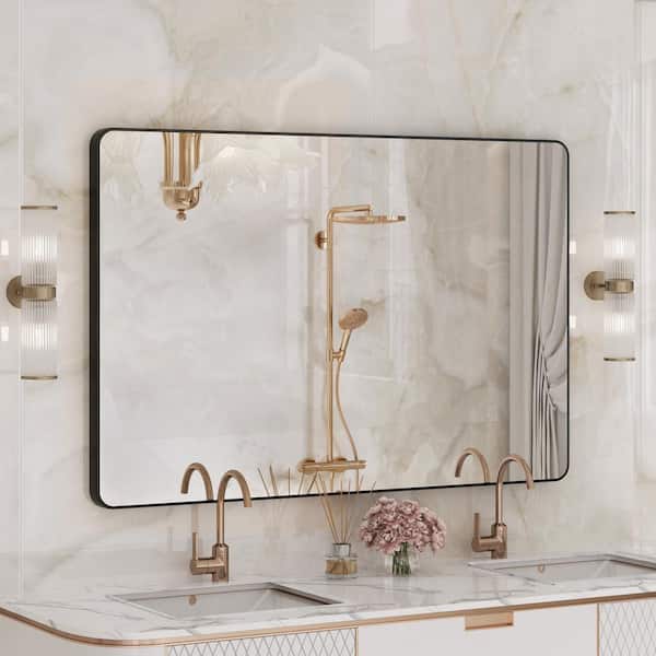 Hpeytaire 48 in. W x 32 in. H Seamless Rectangle Rounded Frame Wall Bathroom Vanity Mirror in Matte black
