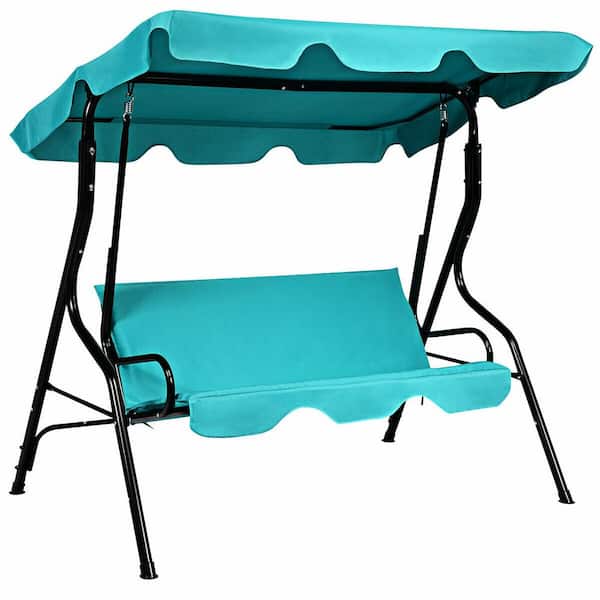 Unbranded 3-Person Blue Metal Frame Outdoor Patio Canopy Swing with Cushioned
