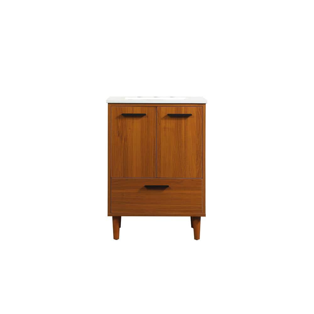 24 in. W Single Bath Vanity in Teak with Engineered Stone Vanity Top in Ivory with White Basin