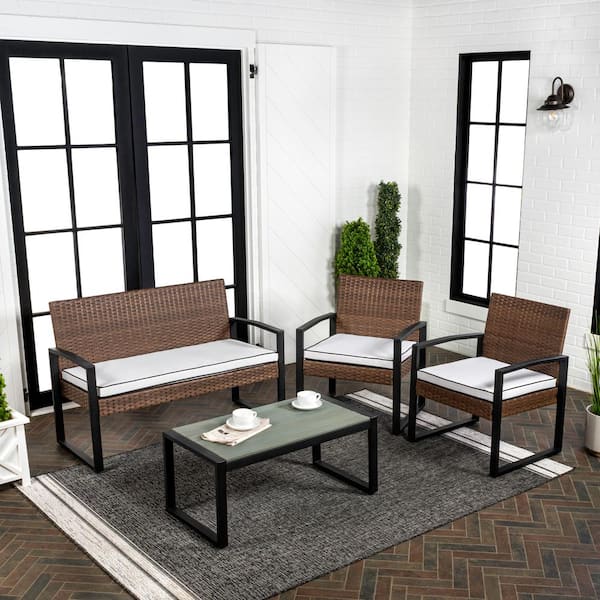 Elina 4-Piece Modern Coastal Faux Wicker Patio Conversation Outdoor Patio Set, White/Black