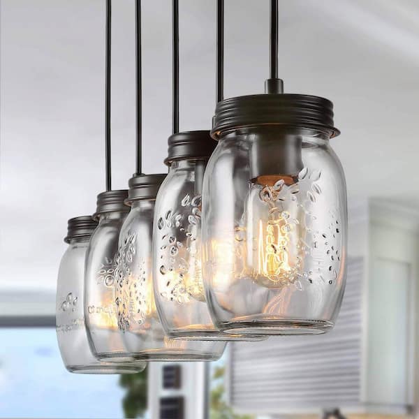 OUKANING 40 Watt 5 Light Black Glass Mason Jar Island Pendant Light with Clear Glass Shade No Bulbs Included HG HJYJ 4286 1 The Home Depot