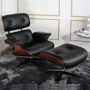 Black Faux Leather Swivel Lounge Chair and Ottoman
