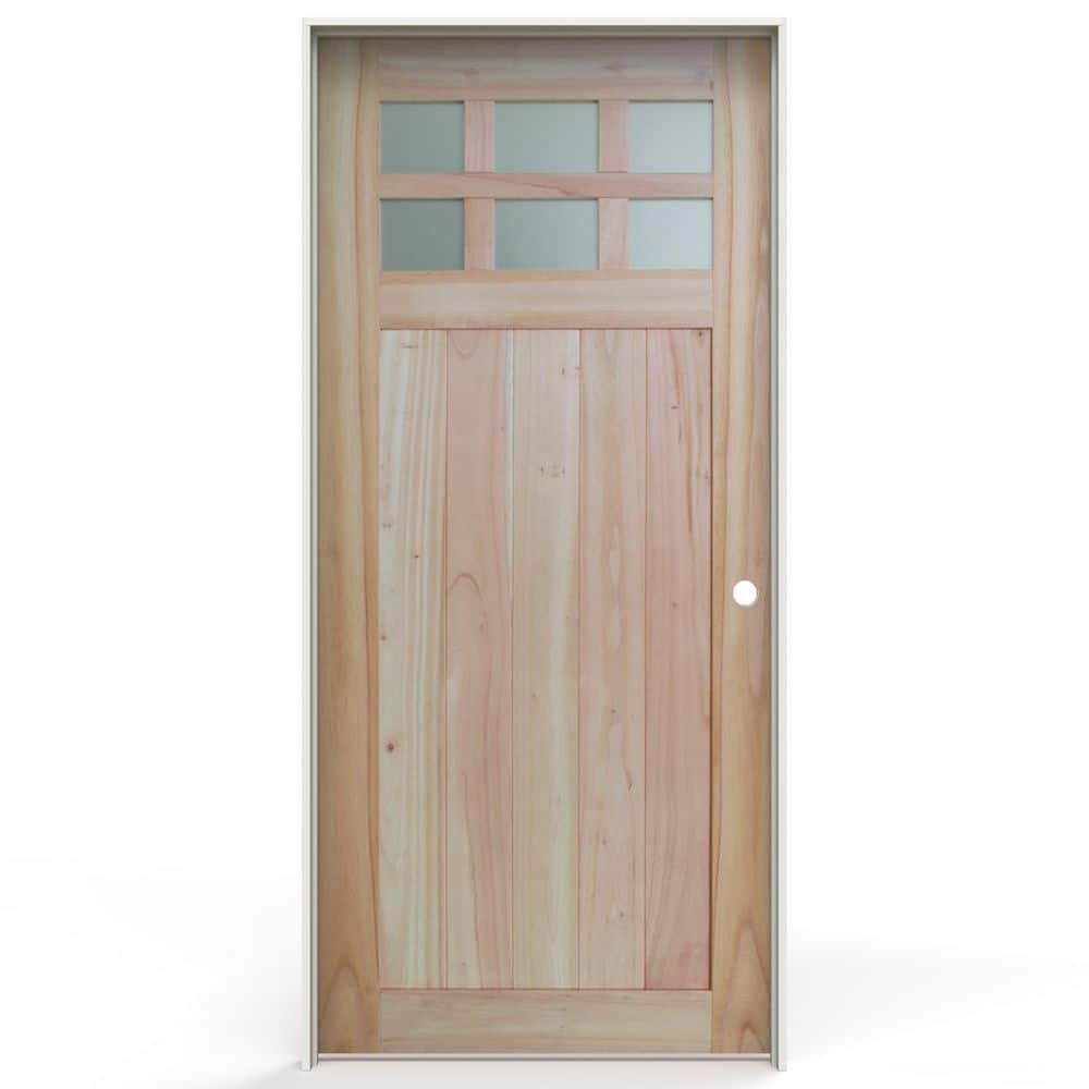 Craftsman 36 in. x 80 in. Left-Handed 6-Lite Frosted Glass Unfinished Wood Single Prehung Interior Door w/ Plank Panel