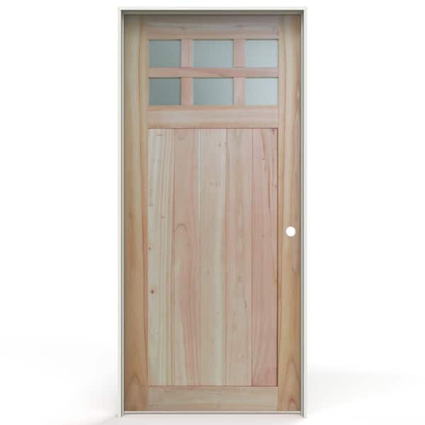 JELD-WEN Craftsman 36 in. x 80 in. Left-Handed 6-Lite Frosted Glass Unfinished Wood Single Prehung Interior Door w/ Plank Panel