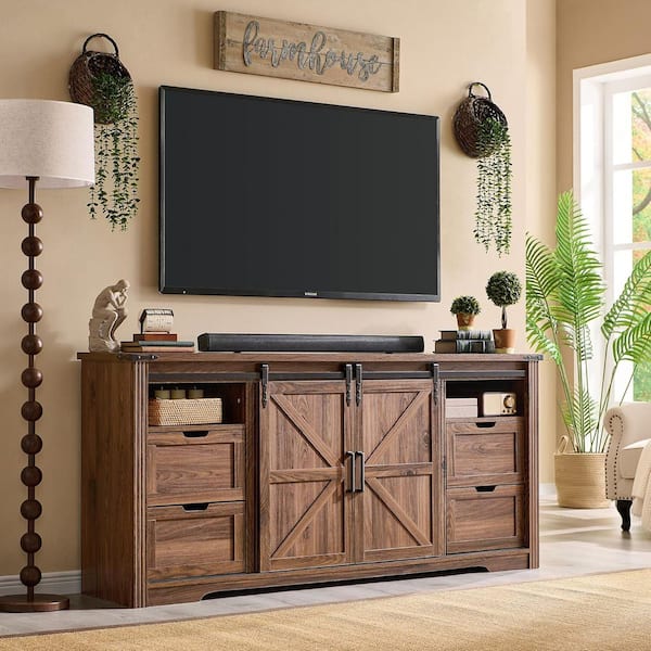 Framhouse 66 in. Brown TV Stand Entertainment Center Fits TV's up to 75 in. with Drawers and Sliding Barn Door