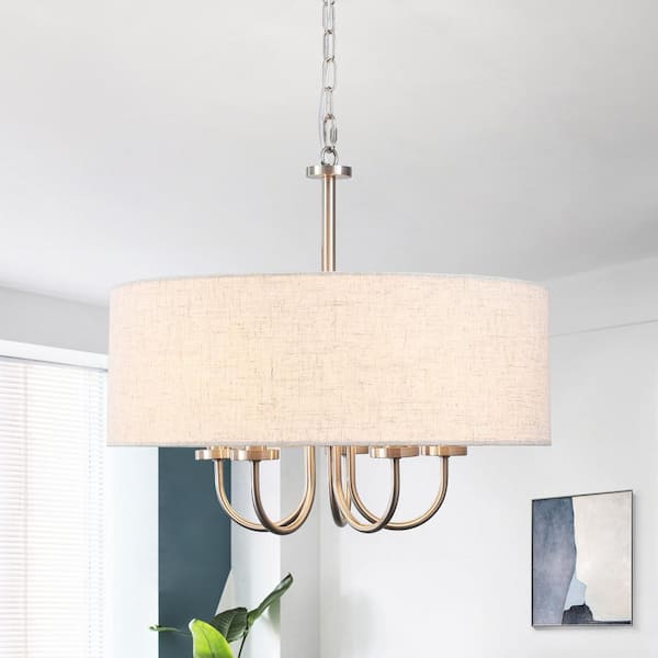 ZJVAIVE 5-Light Nickel Candle Design Hanging Linear Chandelier Lighting with Cloth Shade for Kitchen Island