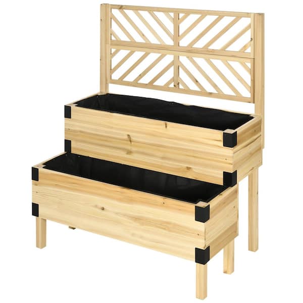 Outsunny Natural 2-Tier Wooden Raised Garden Bed with Trellis, Elevated Planter Box with Legs and Metal Corners