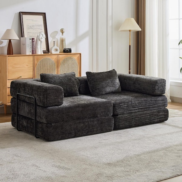 78.7 in. Armless Chenille Fabric Compression Sectional Sofa in Black