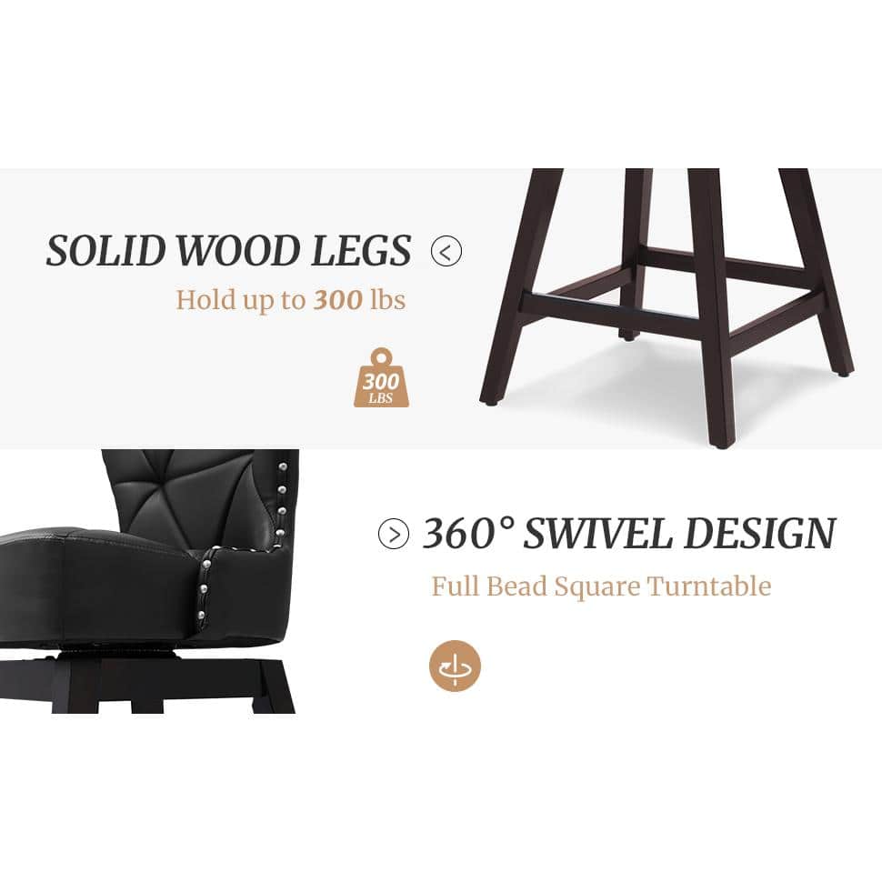 Zola 26" Black Faux Leather Swivel Bar Stools with Wood Frame (Set of 4)