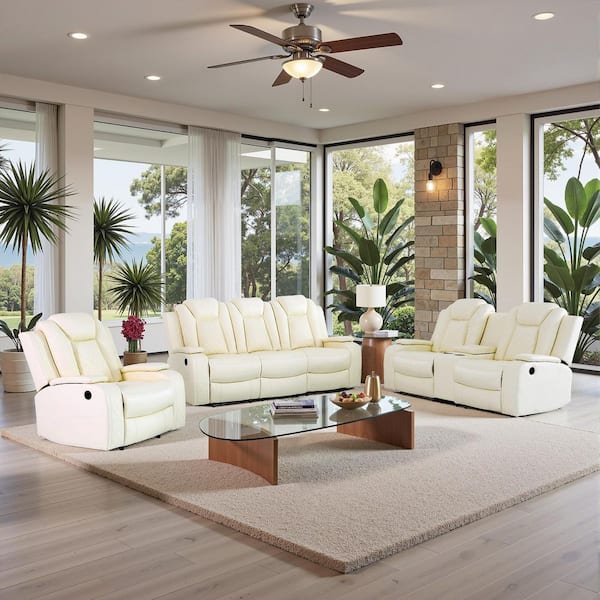 84 in. Pillow Top Arm 3-Piece Leather Rectangle Power Reclining Sofa Set in White, Modern Design w/Cup Holders, LED, USB