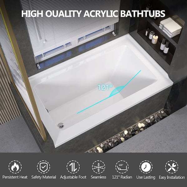 54 in. x 32 in. Rectangular Acrylic Drop-In Deep Soaking Bathtub with Left Drain in High-Gloss White