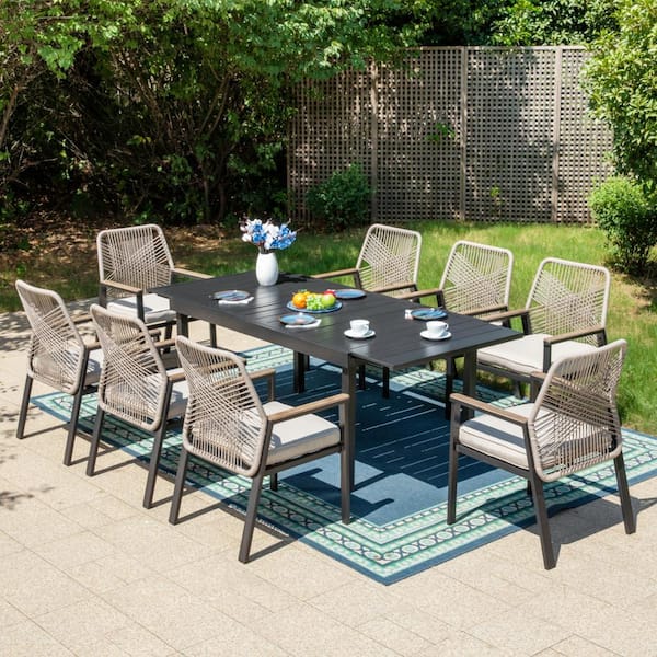 9-Piece Black Metal Patio Outdoor Dining Set with Expandable Rectangle Table and Woven Rope Chair with Beige Cushions