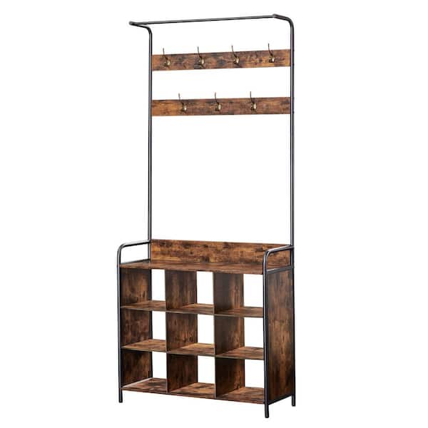 Angel Sar Antique Brown Entryway Hall Tree Coat Rack with Shoe Rack, Storage Rack, 7 Hooks and a Hanging Rod