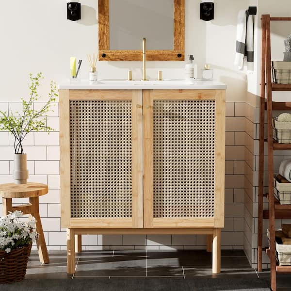 30 in. Single Sink Handwoven Rattan Natural Wood Bath Vanity with White Ceramic Top, Soft-Close Doors