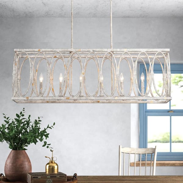 Nicholas 6-Light Vintage Distressed White Rectangular Lantern Large Chandelier for Dining Room