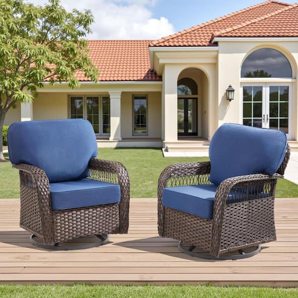 Buenaola Brown Wicker Outdoor Rocking Chair with Swivel Glider, Patio Lounge Chair with Blue Cushions (2-Pack)