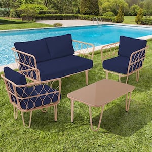 4-Piece Navy Wicker Patio Conversation Set Loveseat with Cushions and Coffee Table