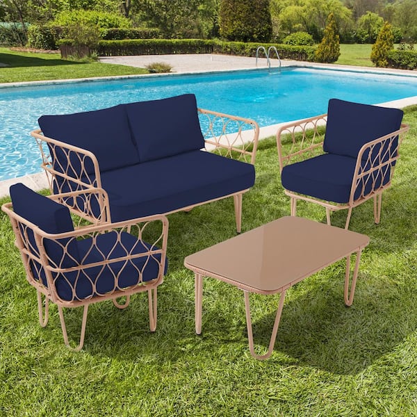 JEAREY 4-Piece Navy Wicker Patio Conversation Set Loveseat with Cushions and Coffee Table