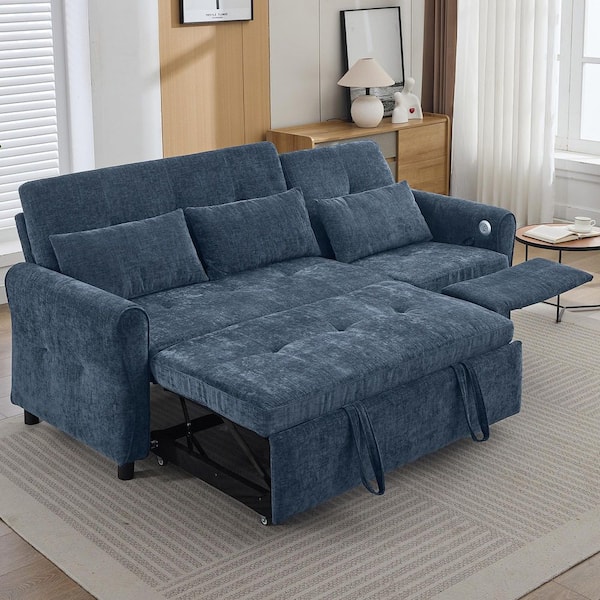 82 in. Innovative 2-in-1 Blue Chenille Twin Size Sofa Bed with Reversible Recliner, USB Charging Ports