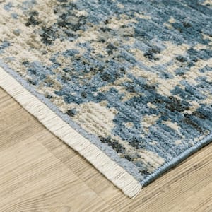 Blue Grey Ivory Light Blue and Dark Blue Abstract 2 ft. x 8 ft. Power Loom Stain Resistant Fringe with Runner Rug