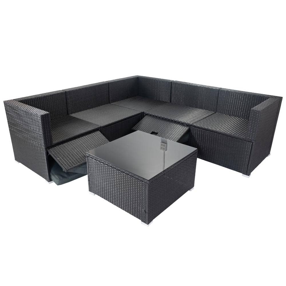 6 Pieces Black Wicker Patio Conversation OutdoorSectional Sofa Sets with 3 