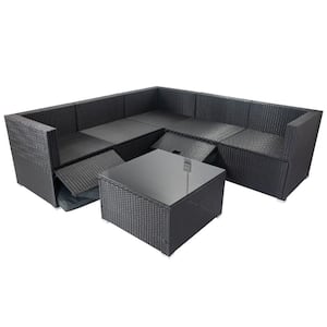 6 Pieces Black Wicker Patio Conversation OutdoorSectional Sofa Sets with 3 Storage Under Seatwith Dark Grey Cushions