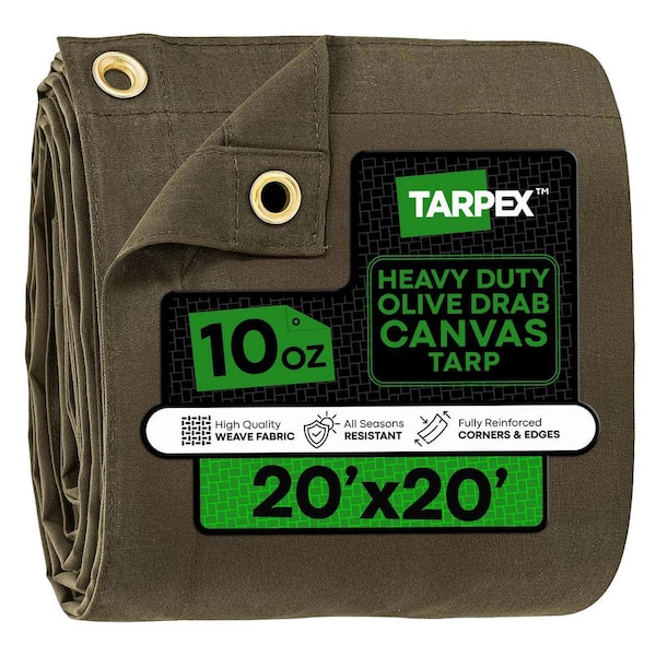 Heavy-Duty 10 oz. Canvas Tarp 20 ft. x 20 ft. Multi-Purpose Olive Drab Protective Cover