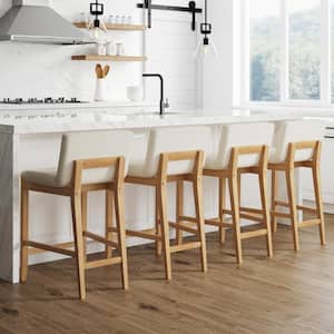 Gracie 24 in. Modern Counter Height Wood Bar Stool w/ Back, Textured Linen Upholstery, Cream Boucle/Warm Pine, Set of 4