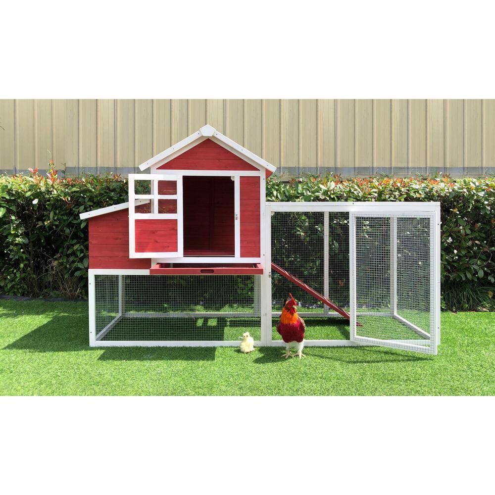 Red and White Elevated Wooden Chicken Coop with Mesh Run