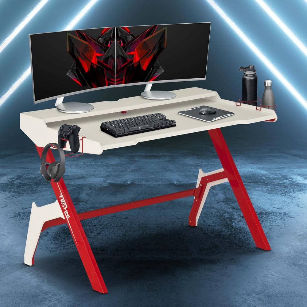 58 in. Red Ergonomic Computer Gaming Desk Workstation with Cup Holder and Headphone Hook