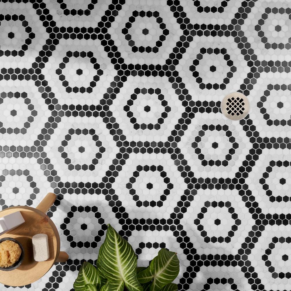 Hyperion Black and White Hexagon Marble Mosaic Tile Sheet