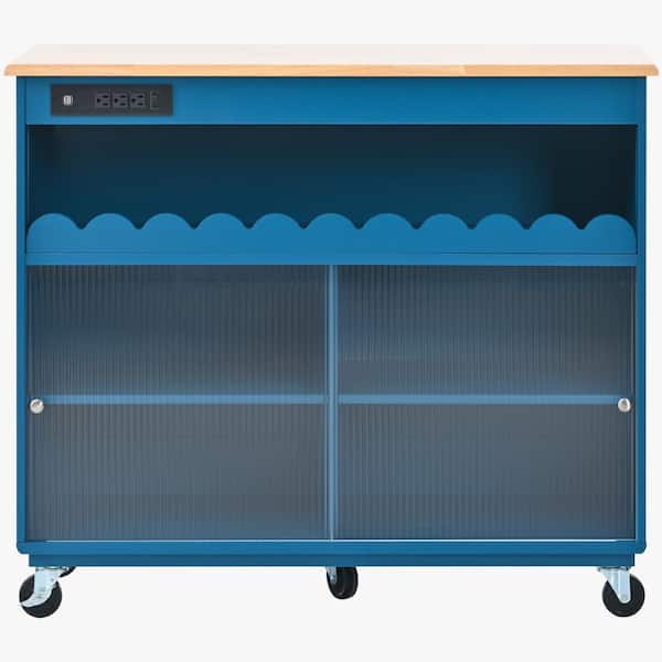 Unbranded Navy Blue Rubber Wood Kitchen Cart with Drop Leaf, 2-Cabinet, LED Light and Power Outlets