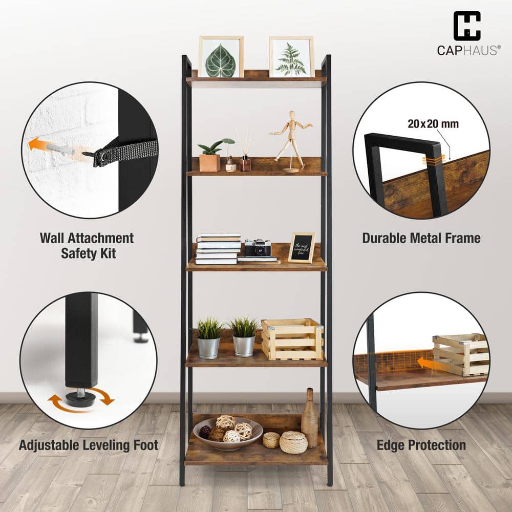 Rustic Oak and Matte Black 5-Tier Ladder Bookshelf