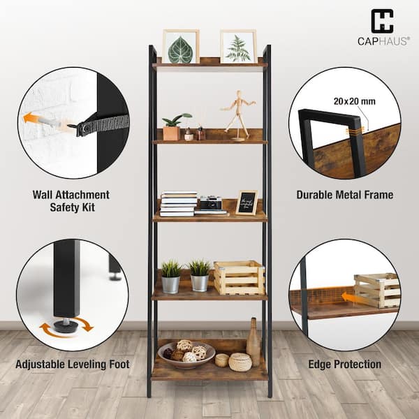 67 in. Rustic Oak Bookcase Shelf Organizer, 24 in. W 5 Tier Ladder Bookshelf for Home Office, Living Room and Kitchen