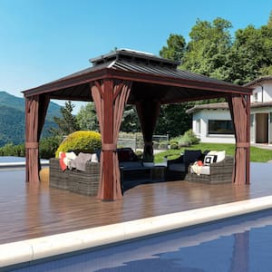 10 ft. x 12 ft. Wood Grain Aluminum Gazebo Galvanized Steel Double Top Roof with Curtains and Netting