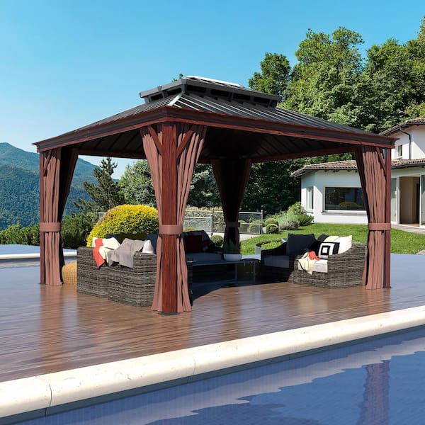 VEIKOUS 10 ft. x 12 ft. Wood Grain Aluminum Gazebo Galvanized Steel Double Top Roof with Curtains and Netting