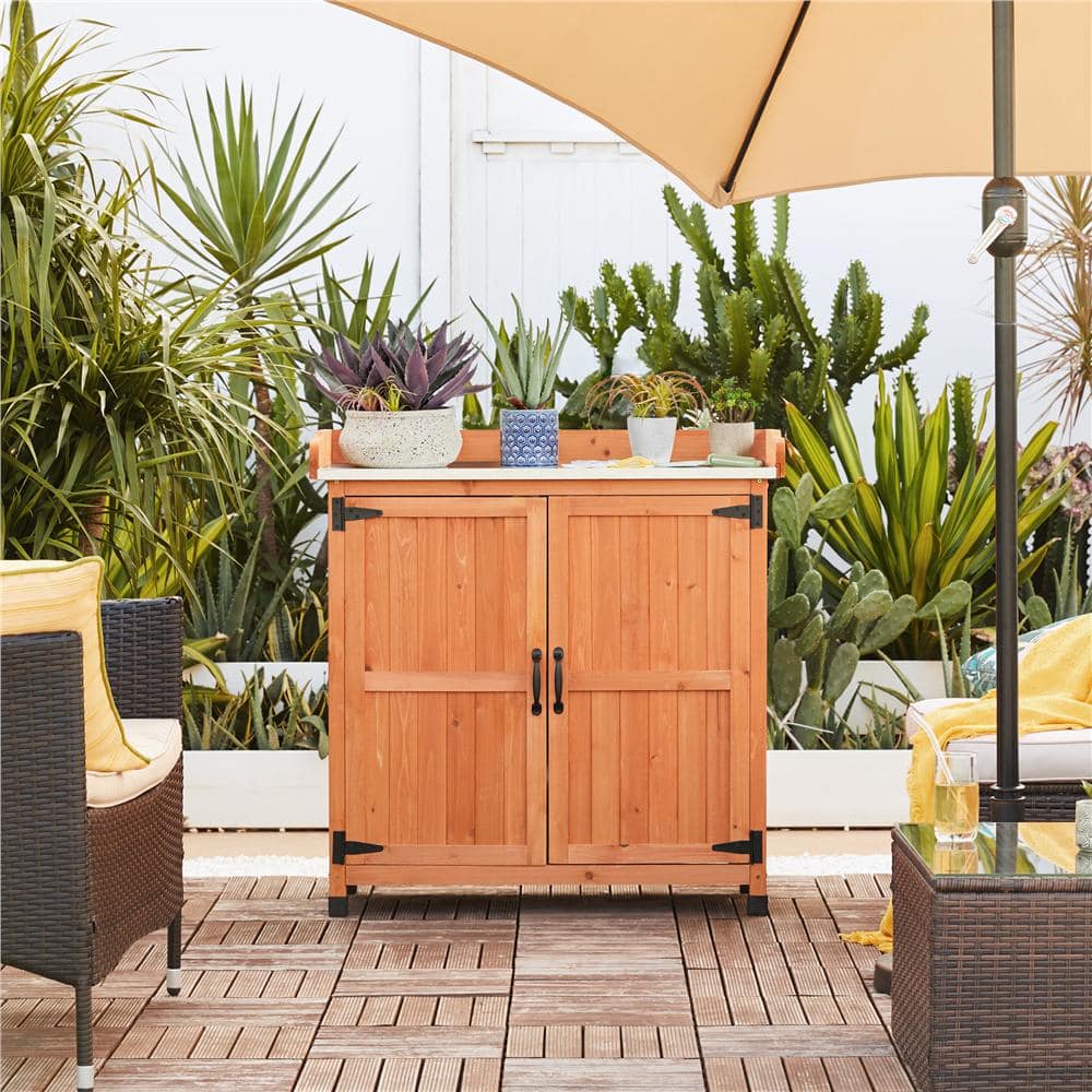 Brown Fir Wood Garden Potting Bench with Metal Tabletop