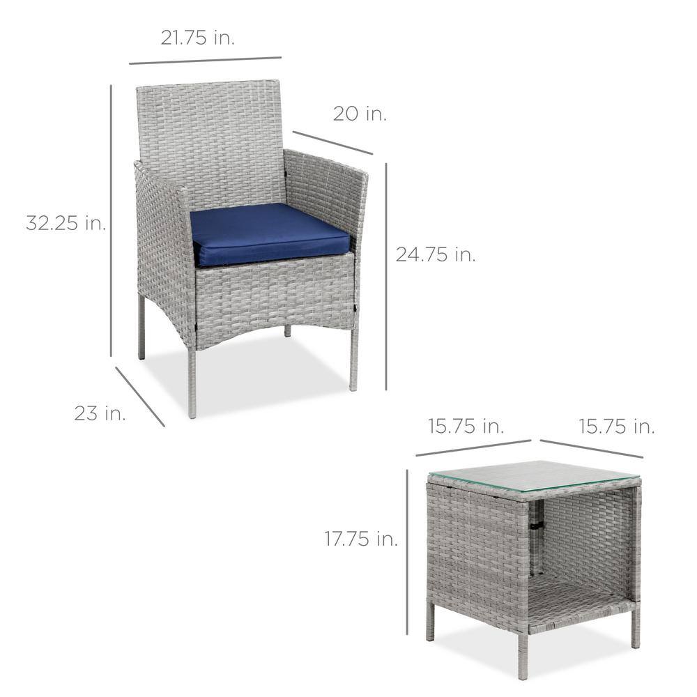 Gray Wicker 3-Piece Patio Bistro Set with Navy Cushions
