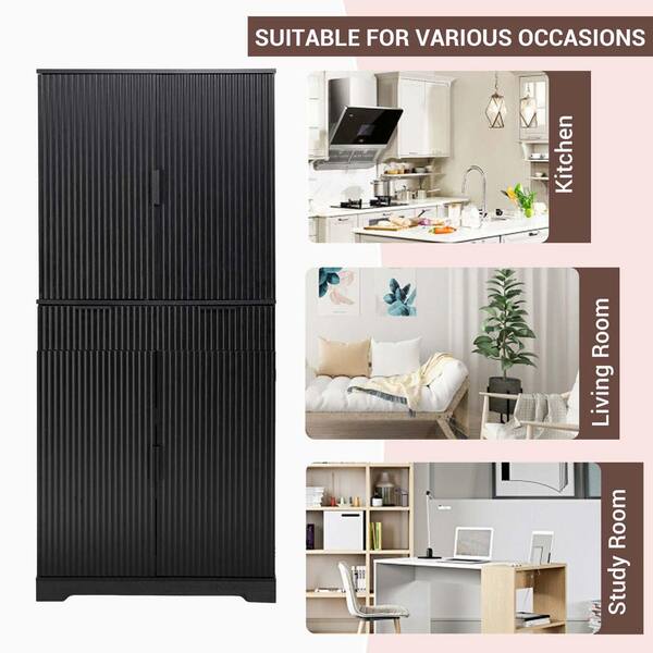 FONTOI Tall Storage Cabinet With 3 Drawers & 2 Doors - Kitchen Pantry Cupboard With Adjustable Shelves, Fluted Panel, Black - View #11