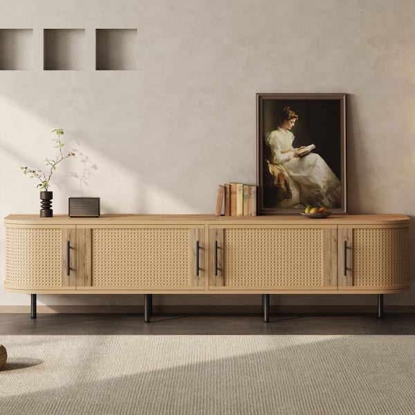 70 in. Natural Wood Modern TV Stand Fits TVs up to 80 in. with Storage Space & Cable Holes