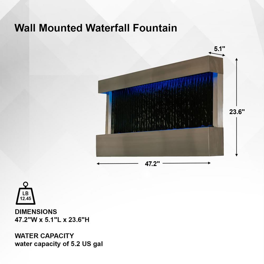 47" Black Glass Wall-Mounted Waterfall Fountain with LED Lights