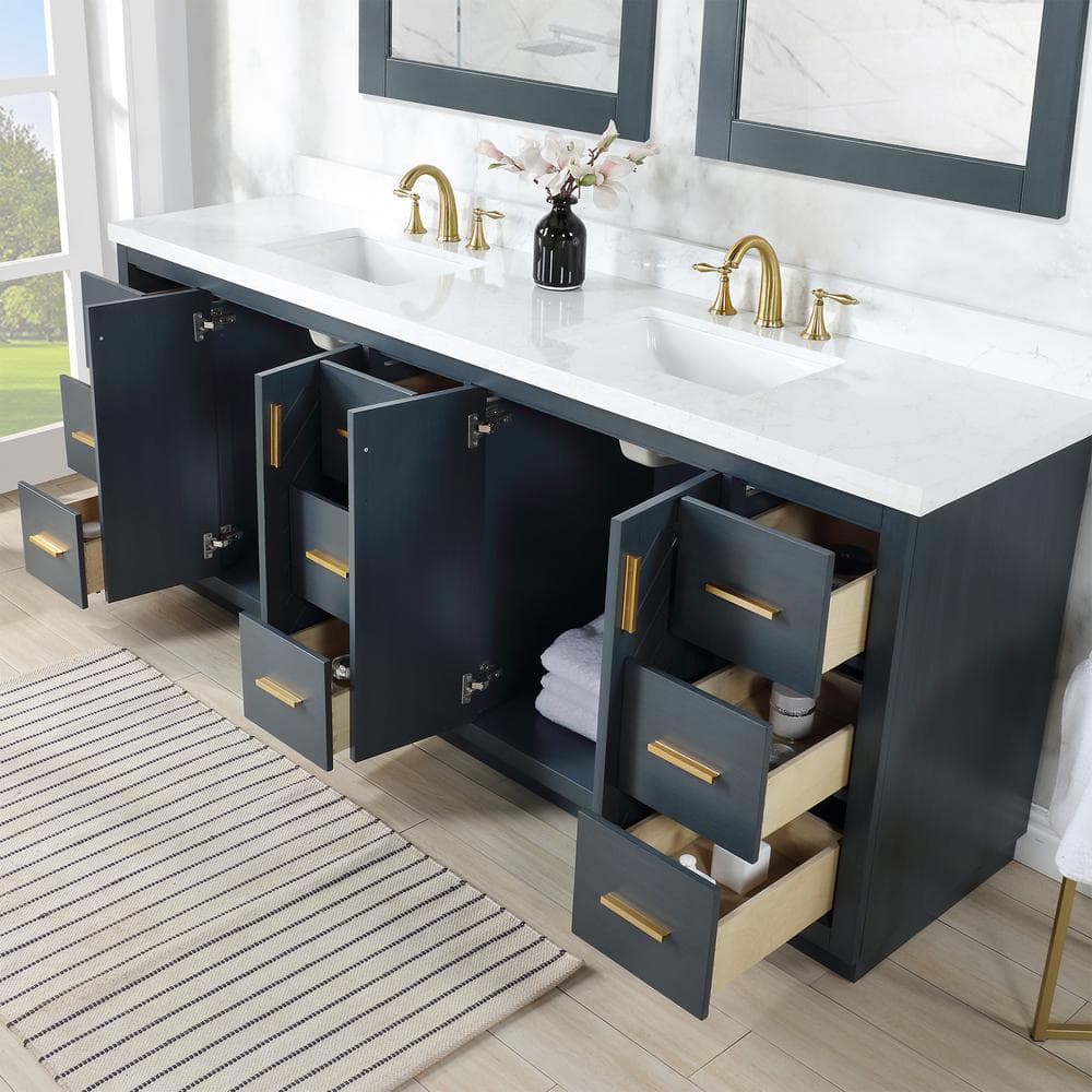Gazsi 84" Charcoal Blue Wood Vanity with Composite Stone Top