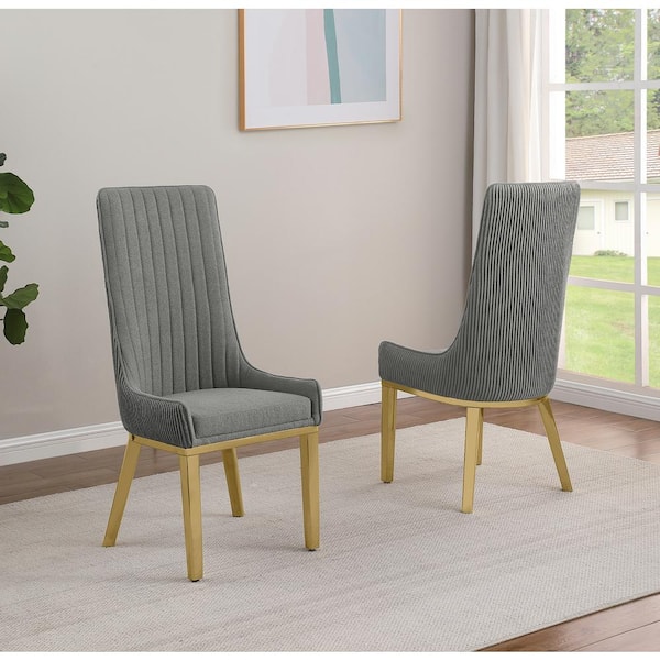 Best Quality Furniture Corina Dark Grey Teddy Fabric Side Chair Set of 2 with Gold Stainless Steel Legs