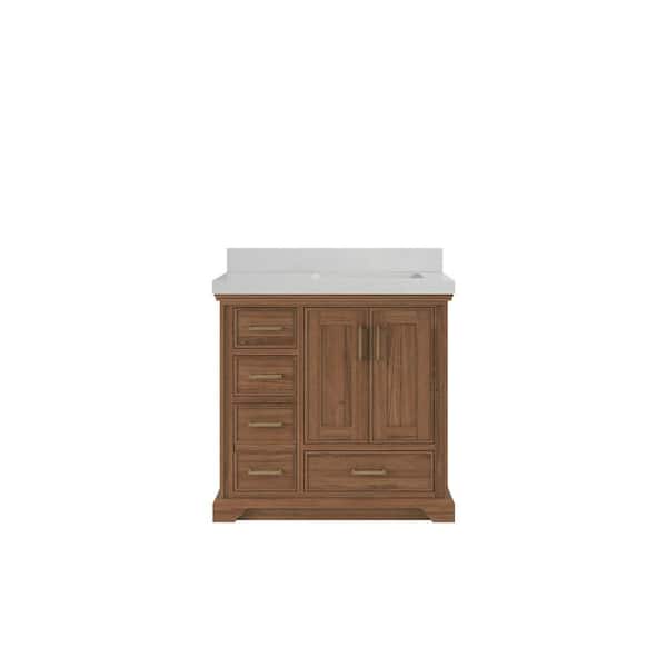 Willow Collections Charlotte Teak 36 in. W x 22 in. D x 36 in. H Right Offset Sink Bath Vanity in Dark Natural with 2" Carrara Quartz Top